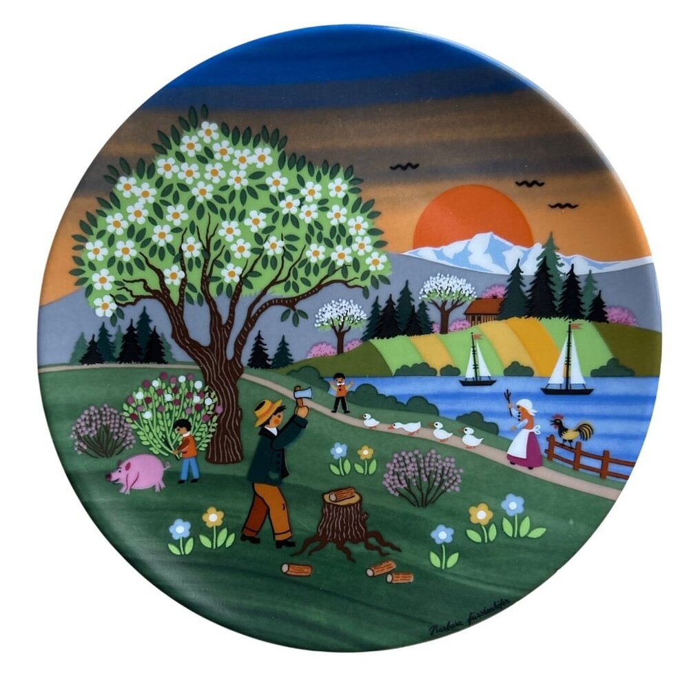Vtg Reutter German Porcelain Decorative Plate Folklore Style Rural Farm Scene